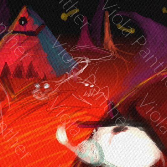close up of Abstract digital artwork with a fiery red and black palette. A pyramid with an eye glows in the center, surrounded by shadowy triangular structures and dynamic swirling forms. A white light shape balances the chaos, creating a sense of power and control.