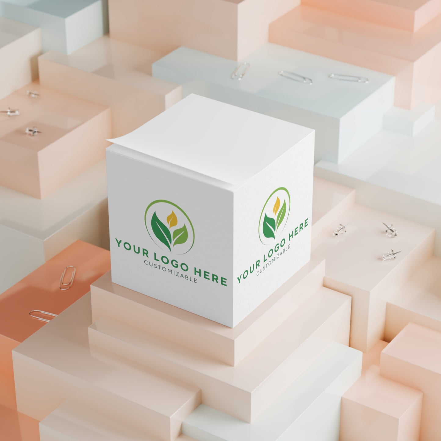 White cube with customizable logo on a geometric background