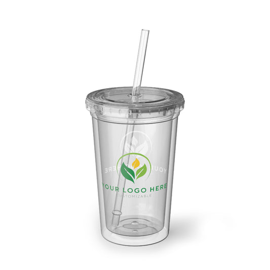 Clear tumbler with straw and logo on a white background