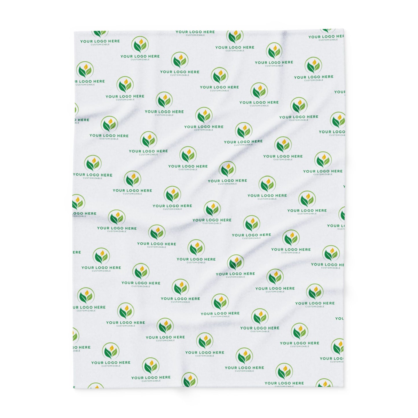White Blanket with green and yellow logo pattern on a white background
