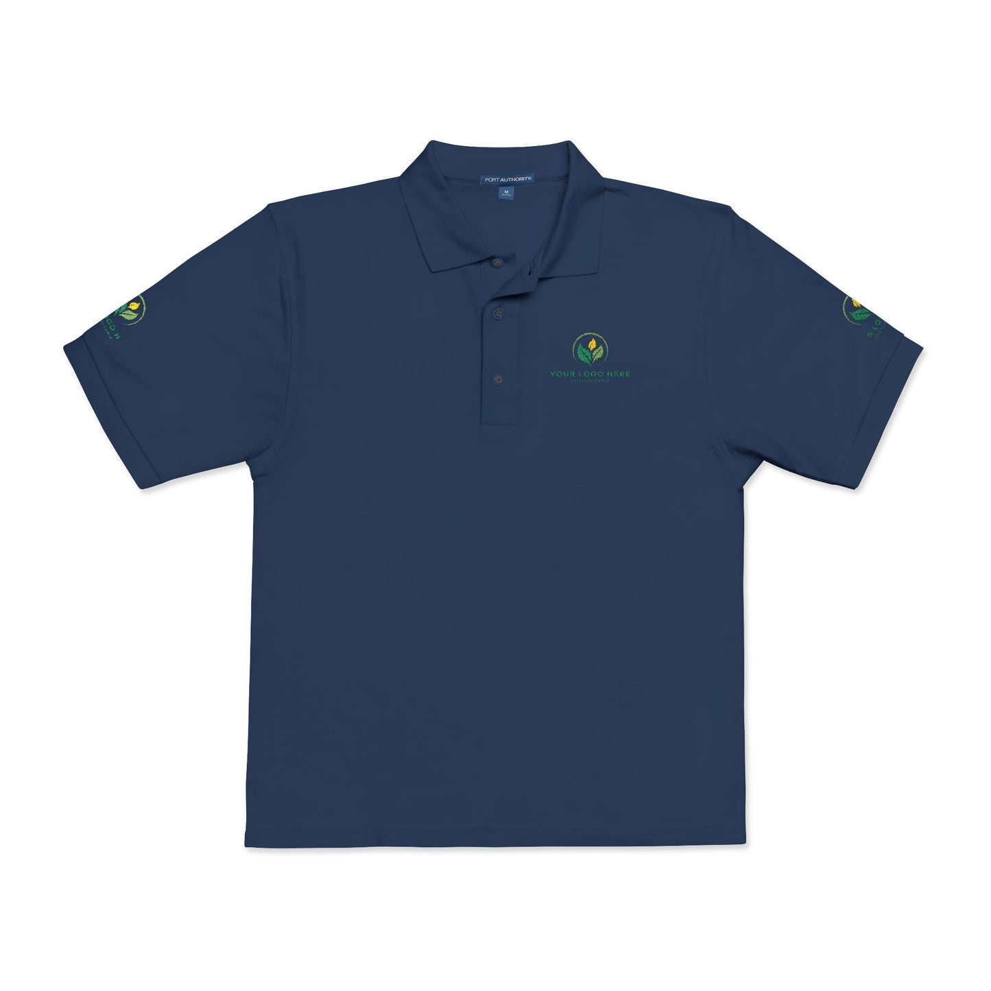 Navy blue polo shirt with logos on sleeves against a white background