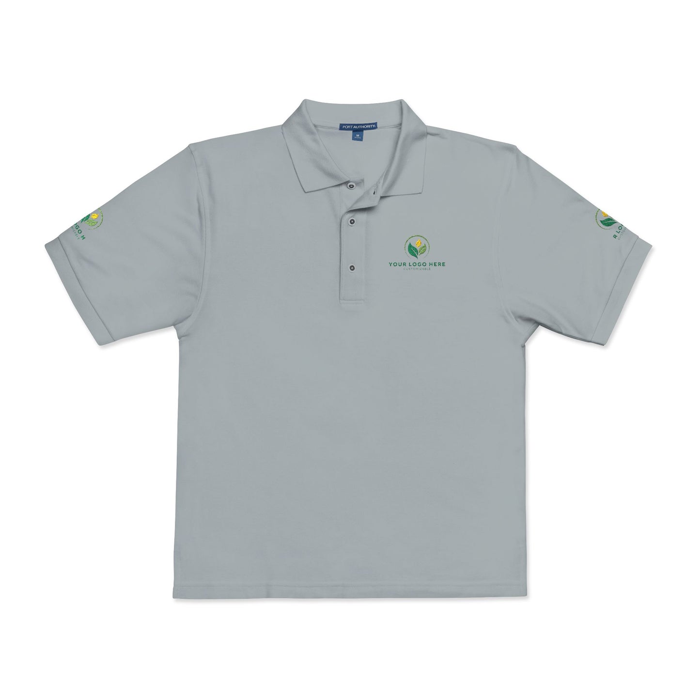 Gray polo shirt with embroidered logo on a white background