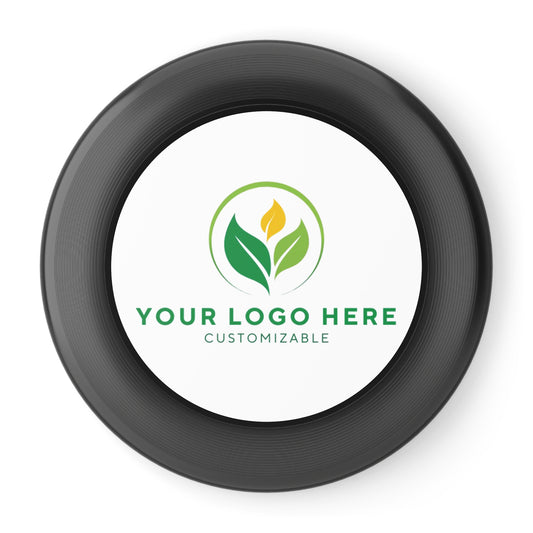 Black frisbee with customizable logo area on a white background