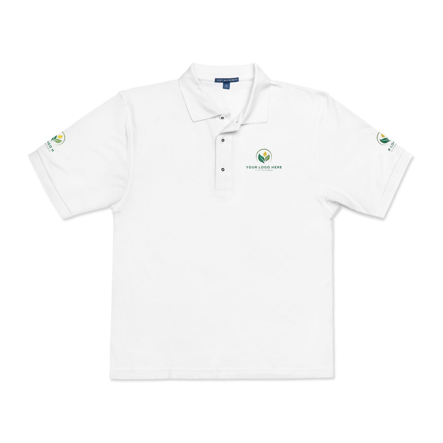 White polo shirt with embroidered logos on a white background