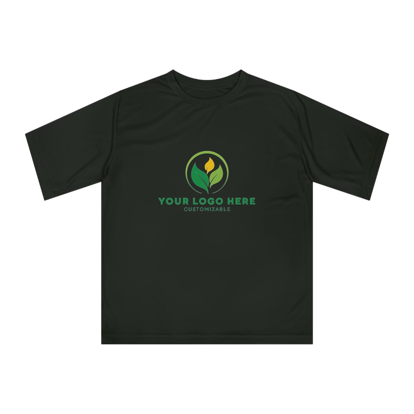 Black t-shirt with customizable logo on a white background