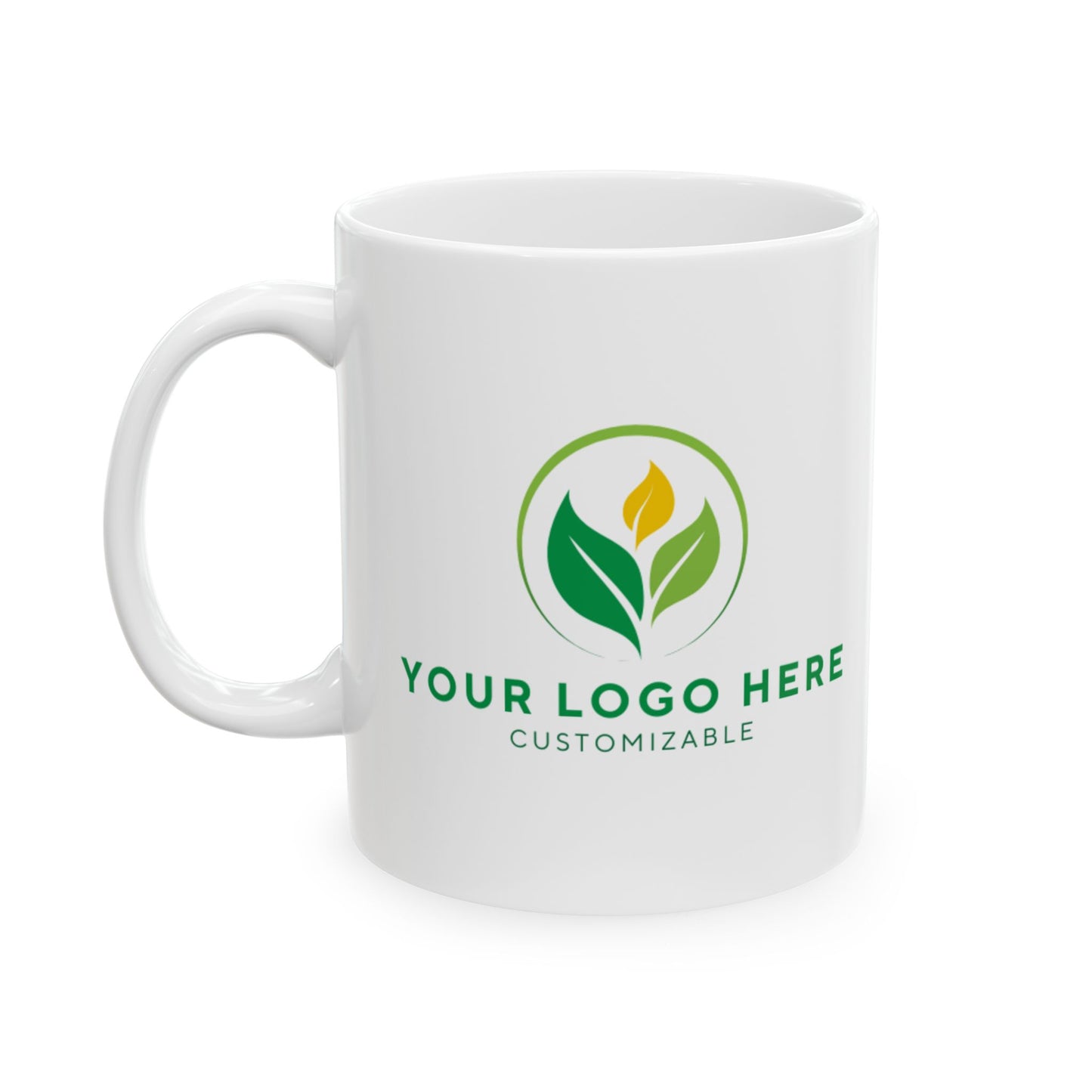 White mug with customizable logo design on a white background
