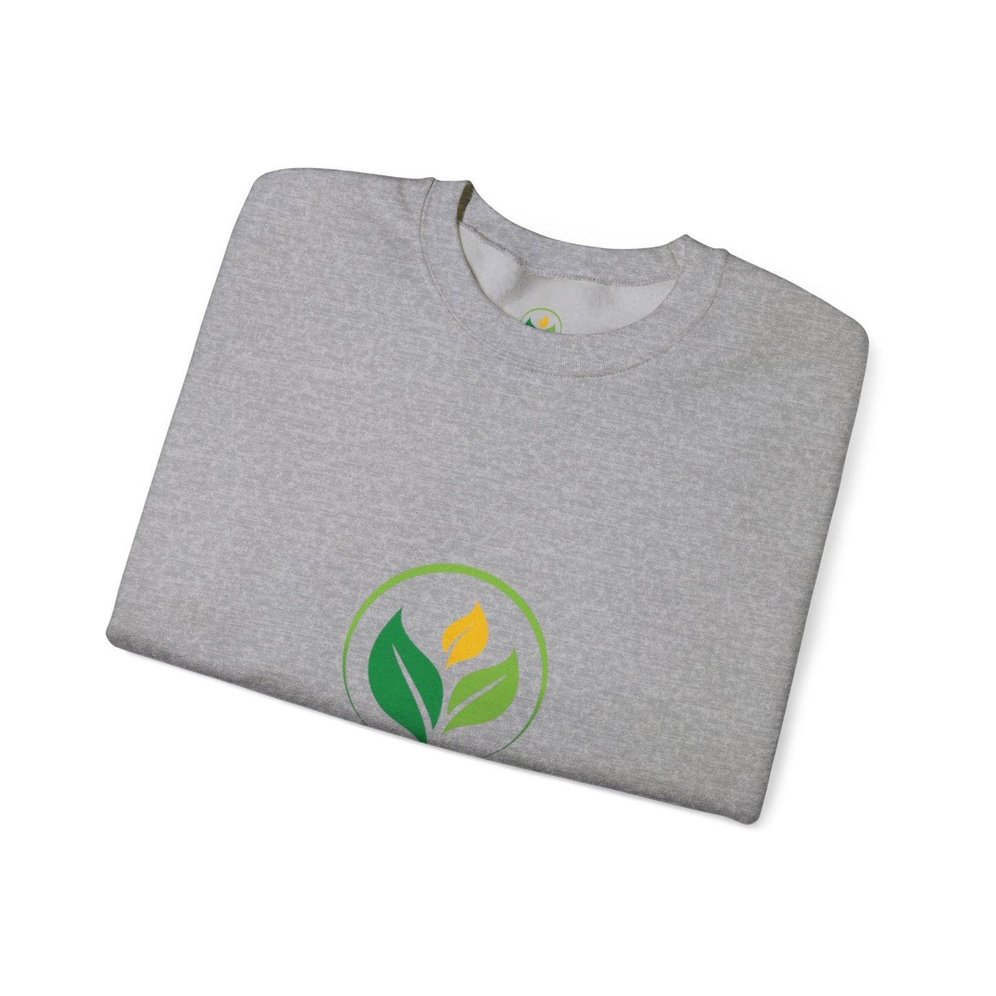 Folded gray t-shirt with a green logo featuring leaves and a yellow flower on a white background