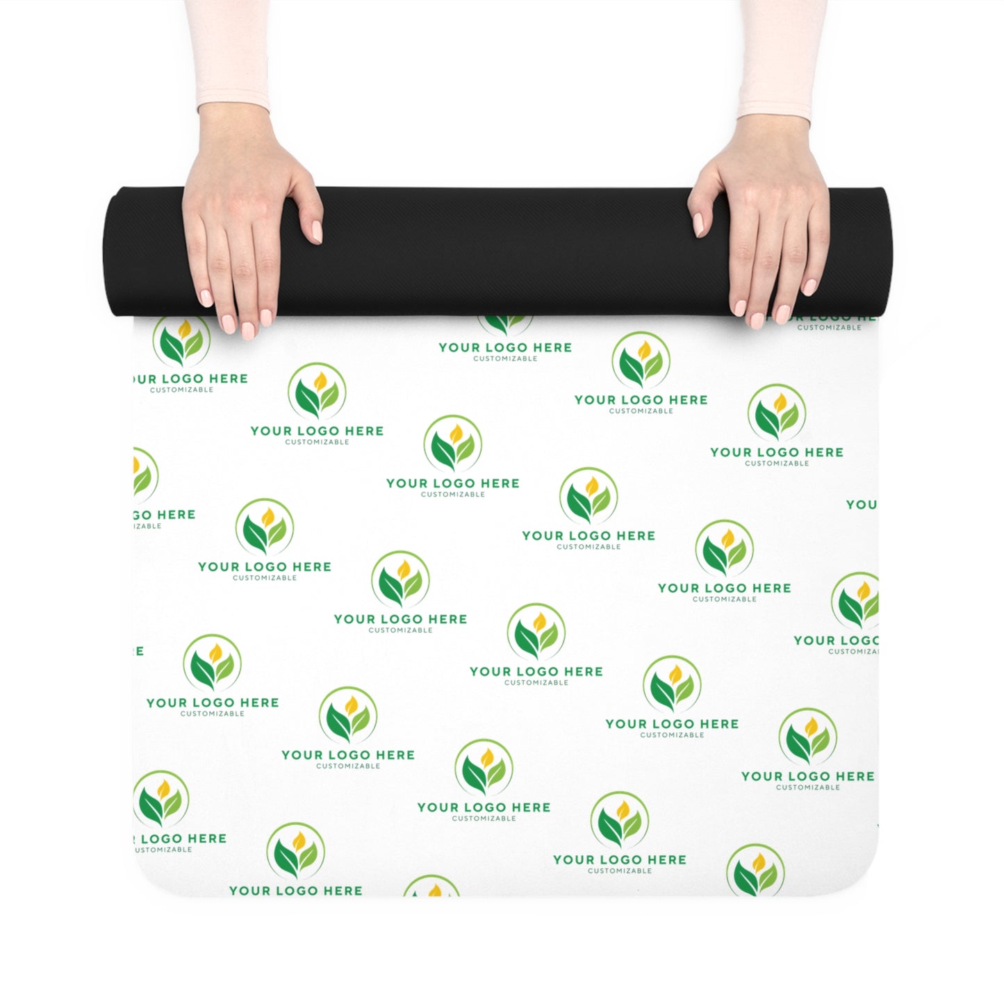 Roll of paper with customizable logo area held by two hands
