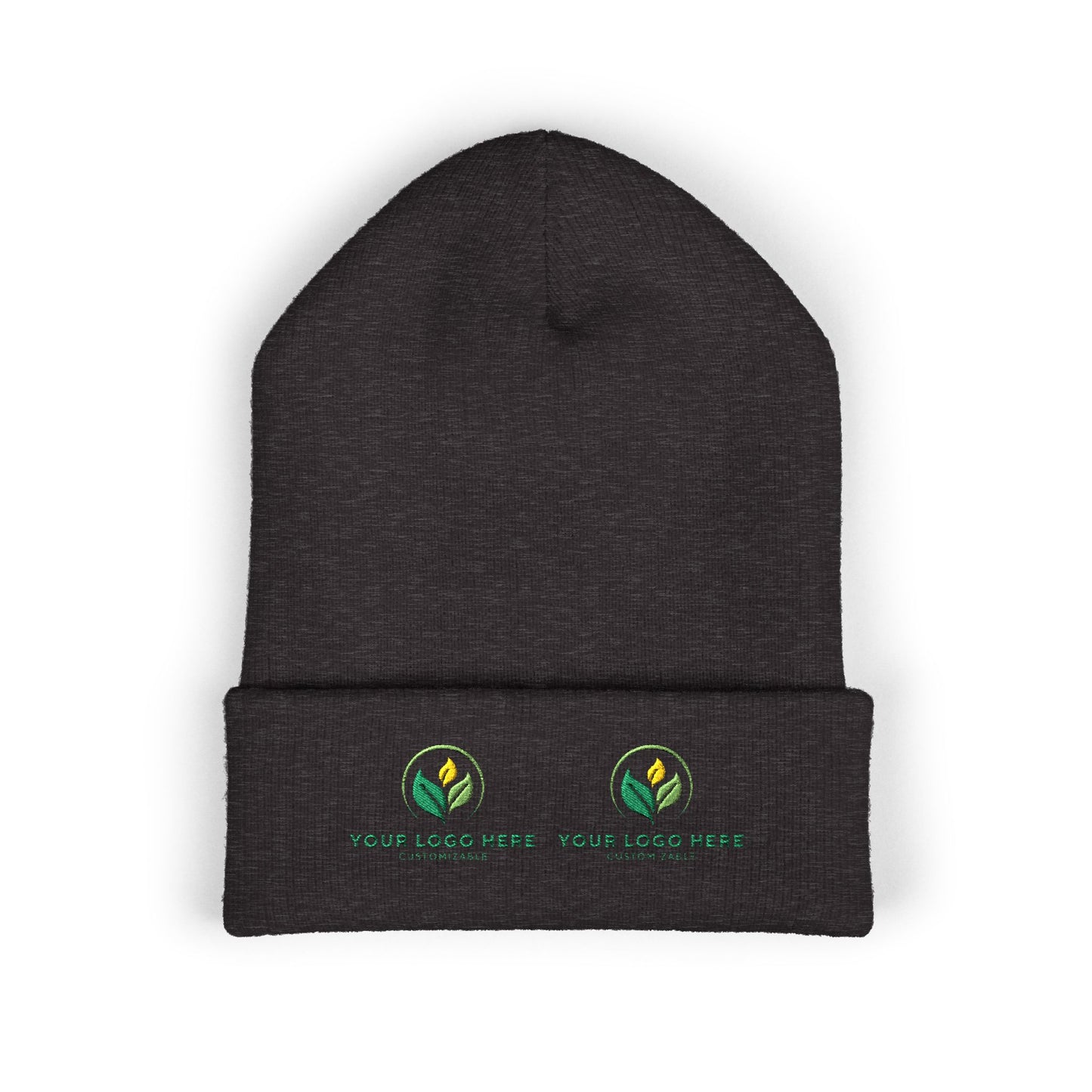Black beanie with customizable logos on a white background
