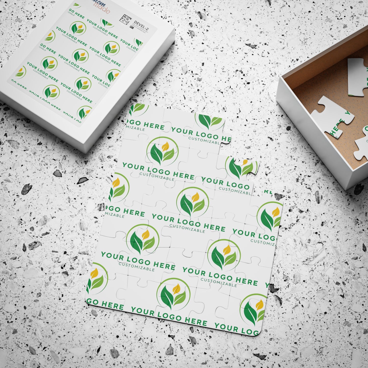 Customizable logo design on a puzzle with branding elements.