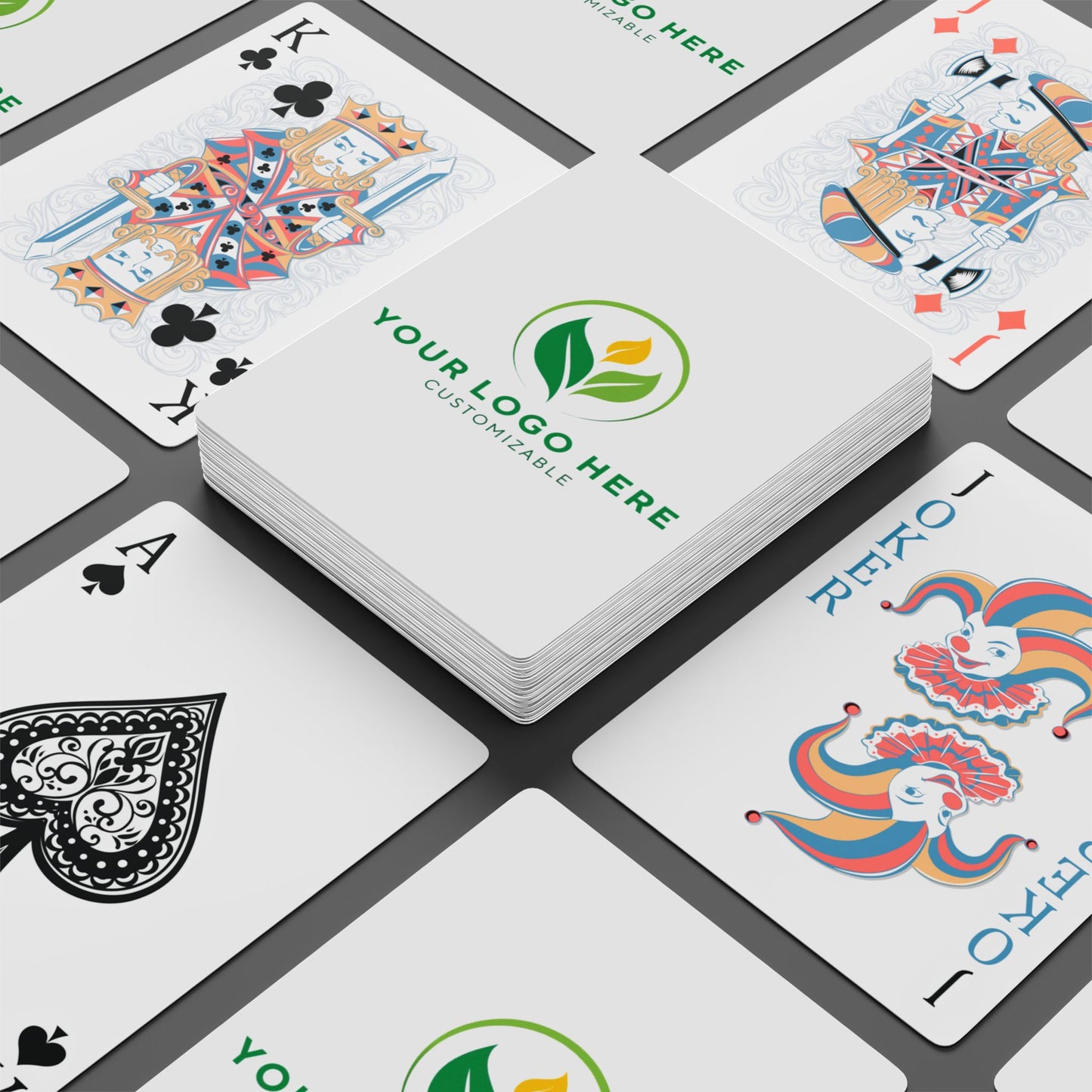 Playing cards with customizable logo on a white background
