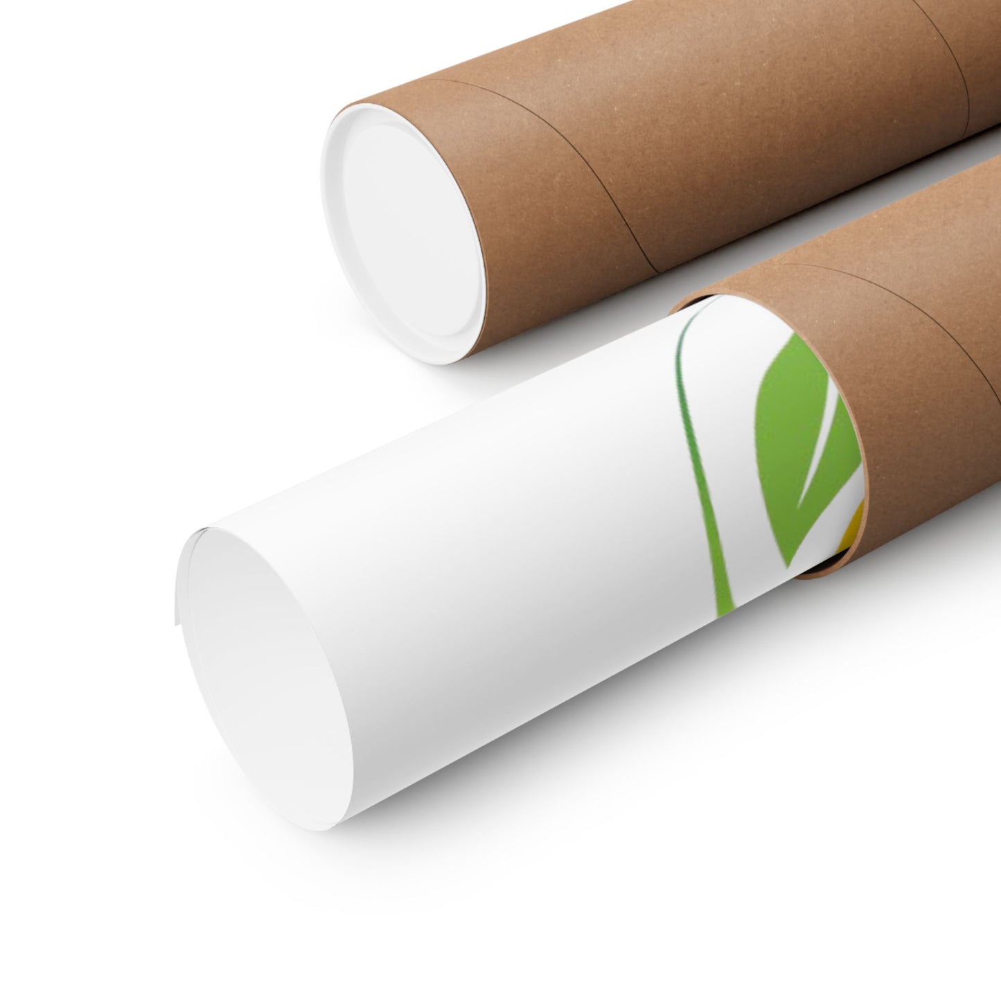Two cardboard tubes, one white with a green leaf design, on a white background