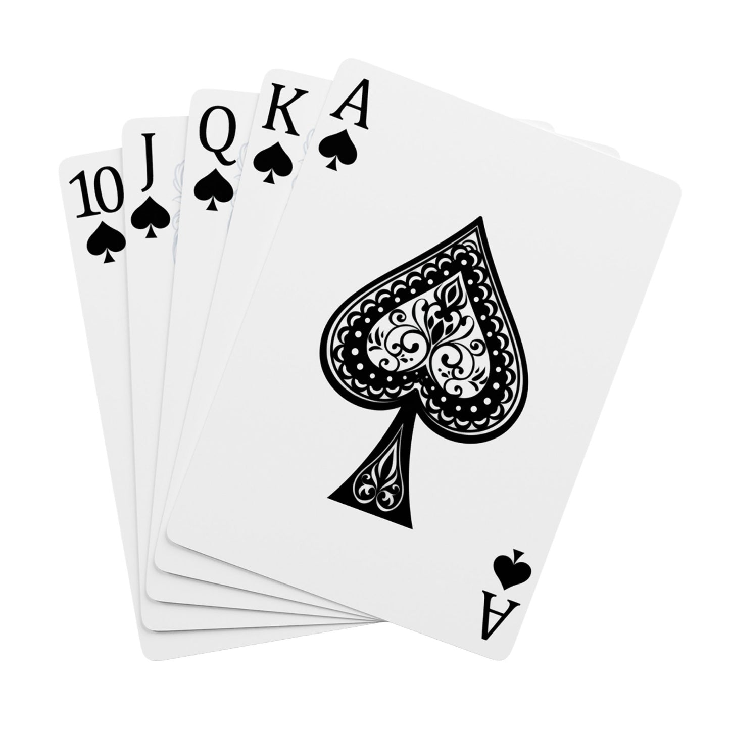 Four playing cards showing Jack, Queen, King, and Ace of Spades on a white background.