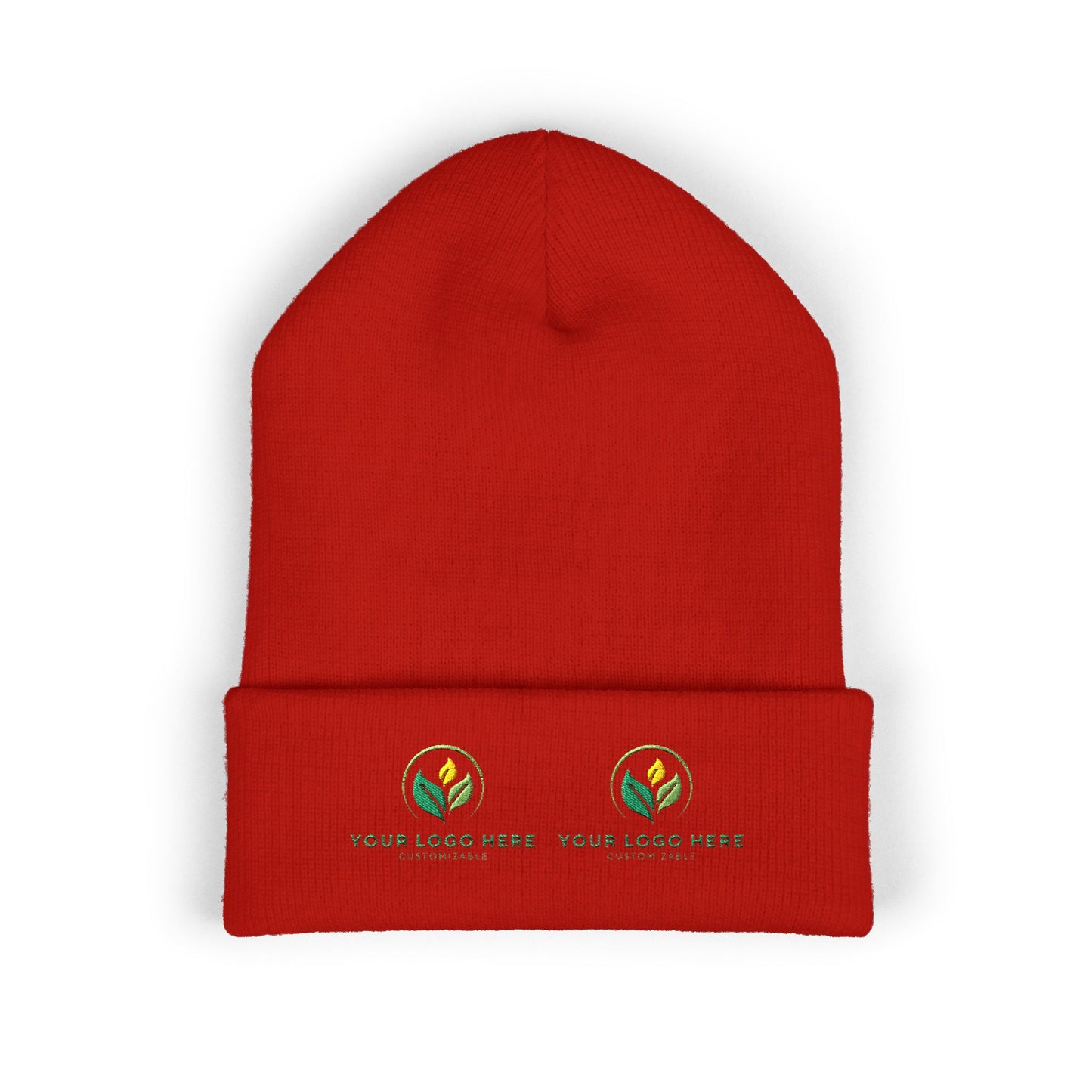 Red beanie with embroidered logos on a white background