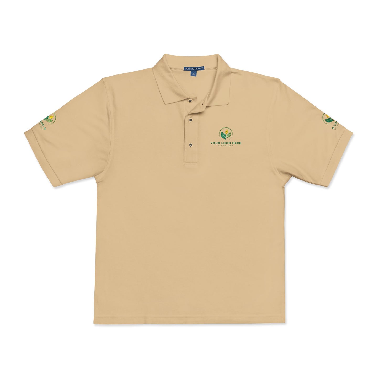 Beige polo shirt with a logo on a white background