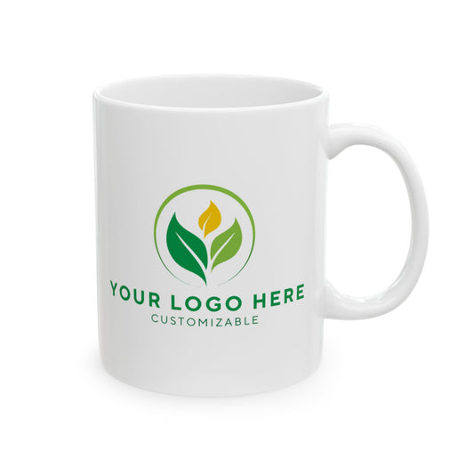 White mug with customizable logo on a white background