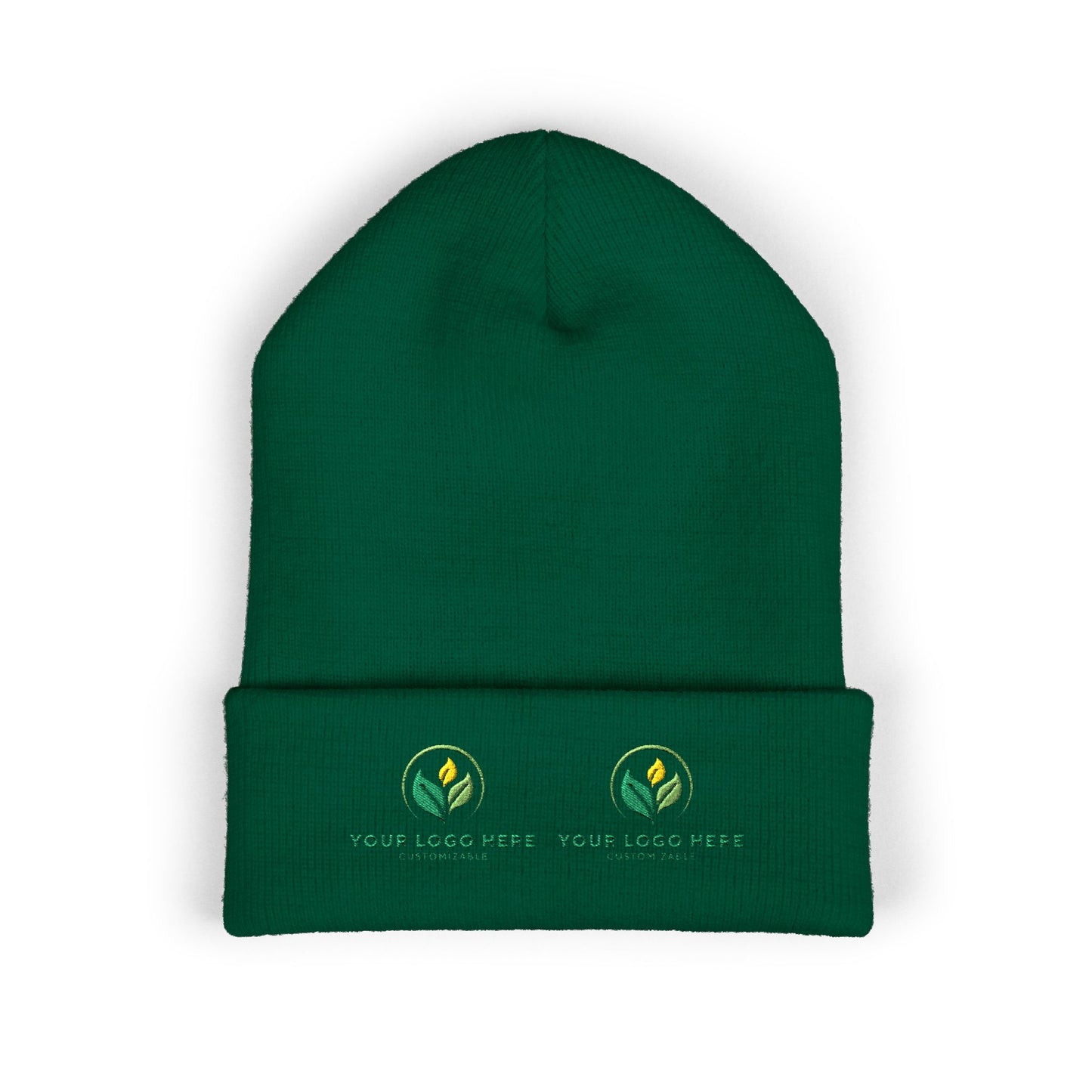 Green beanie with embroidered logos on a white background