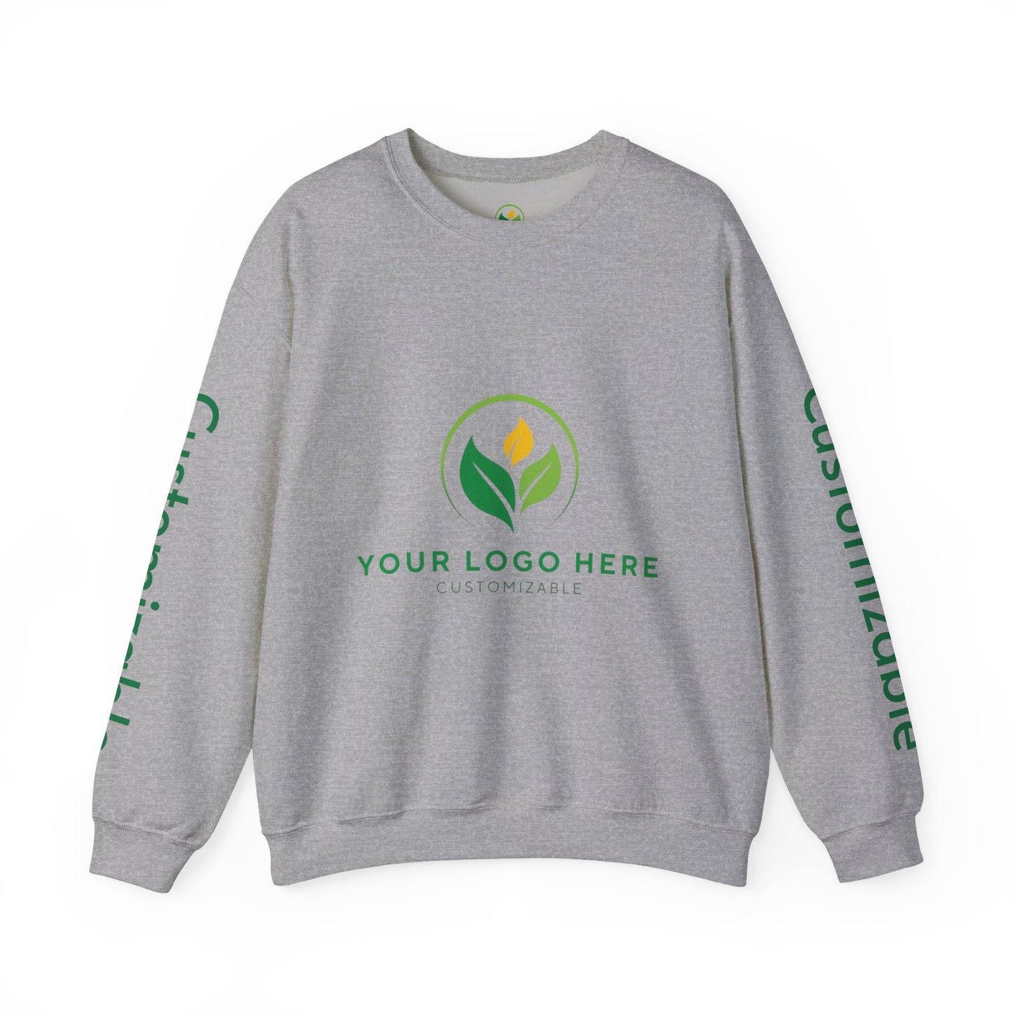 Gray sweatshirt with customizable logo area on a white background