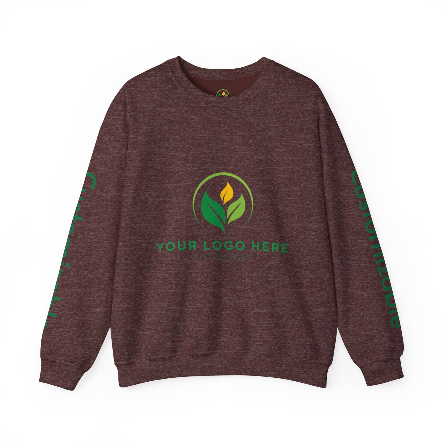 Brown sweatshirt with green leaf logo and text 'Your Logo Here' on a white background