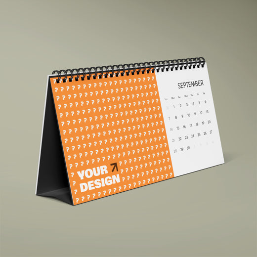 Calendar with orange and white design on a beige background
