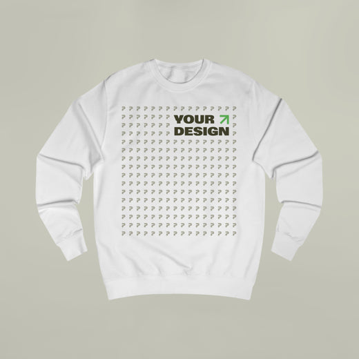 White sweatshirt with 'Your Design' text on a gray background