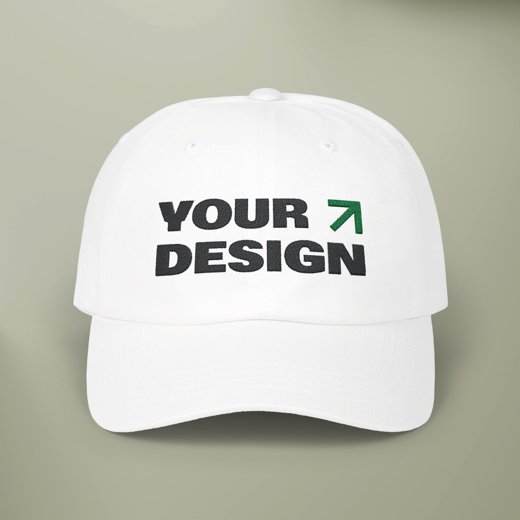 White cap with 'Your Design' text on a beige background