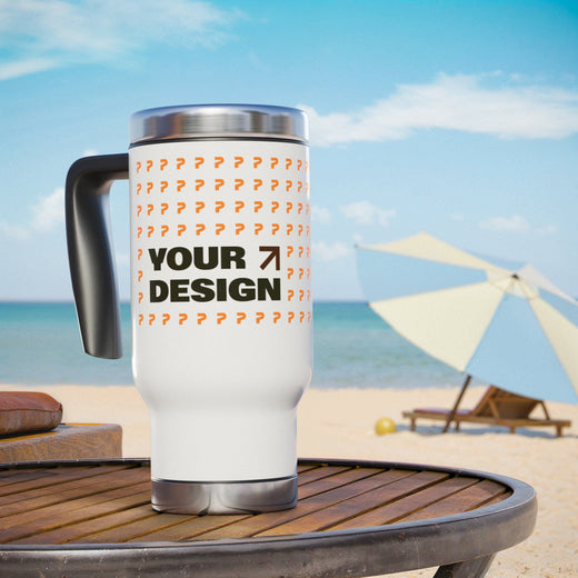 Travel mug with customizable design on a beach setting