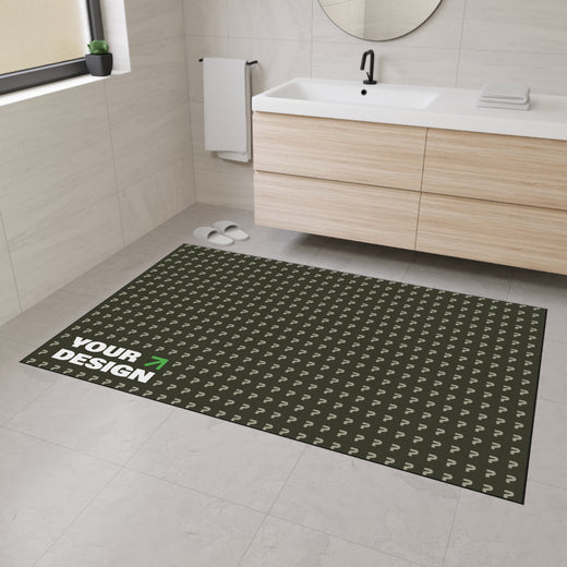 Green patterned mat with 'Your Design' text in a bathroom setting