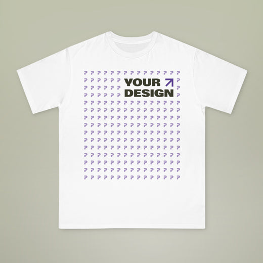 White t-shirt with question mark pattern and 'Your Design' text on a beige background