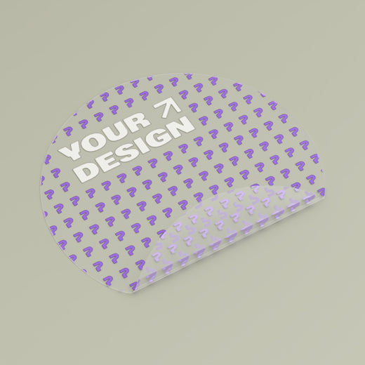 Clear sticker sheet with purple question marks and 'Your Design' text on a beige background
