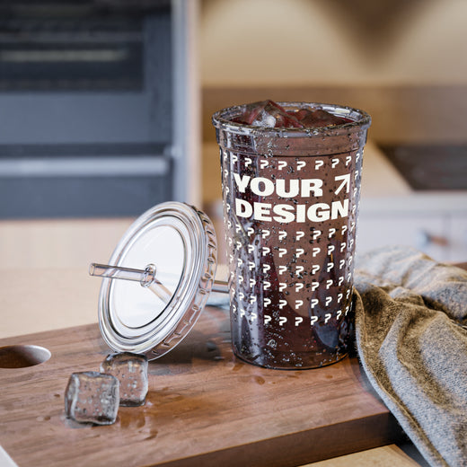 Tumbler with ice and straw on a wooden surface, featuring 'Your Design' text.