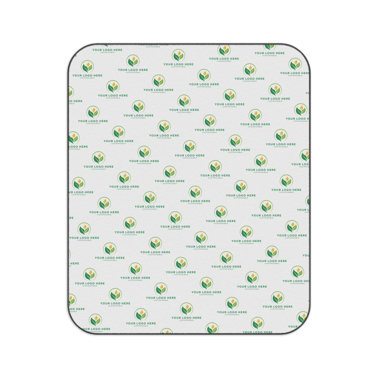 Patterned backdrop with green and blue logo repeats on a white background