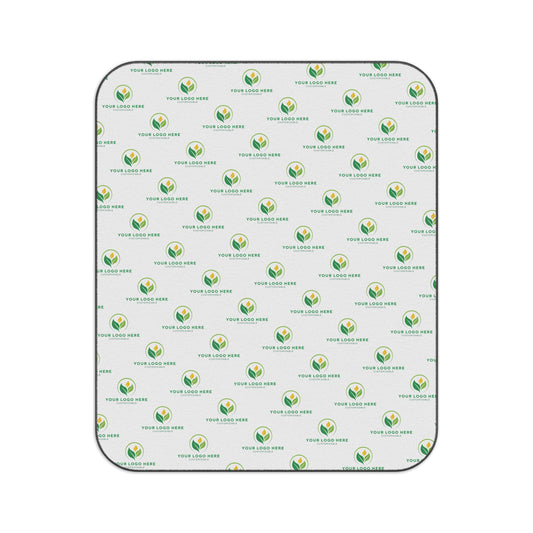 Patterned backdrop with green and blue logo repeats on a white background