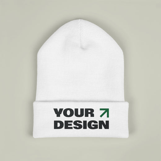 White beanie with customizable text and logo area on a beige background