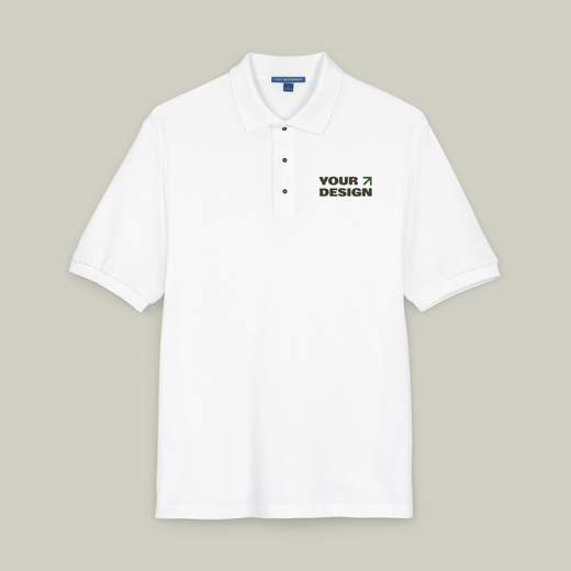 White polo shirt with 'Your Design' text on a beige background