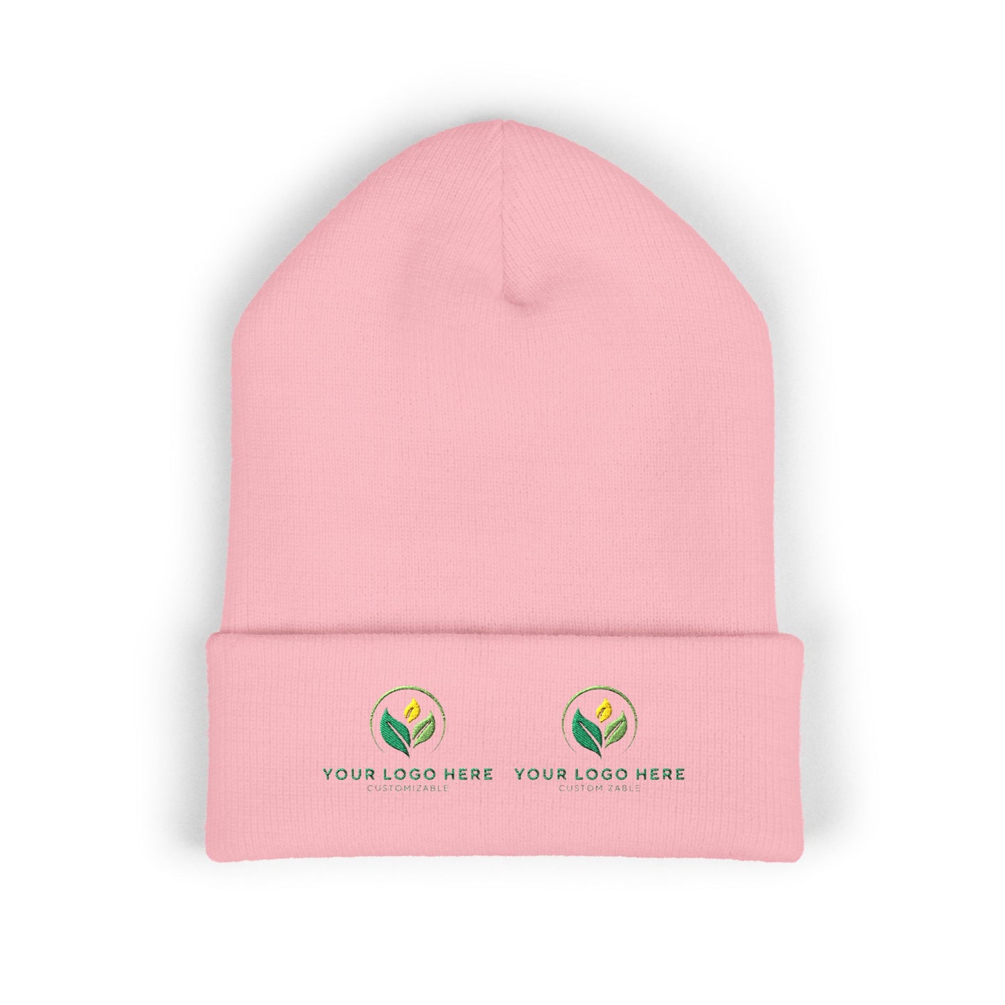 Pink beanie with customizable logos on a white background