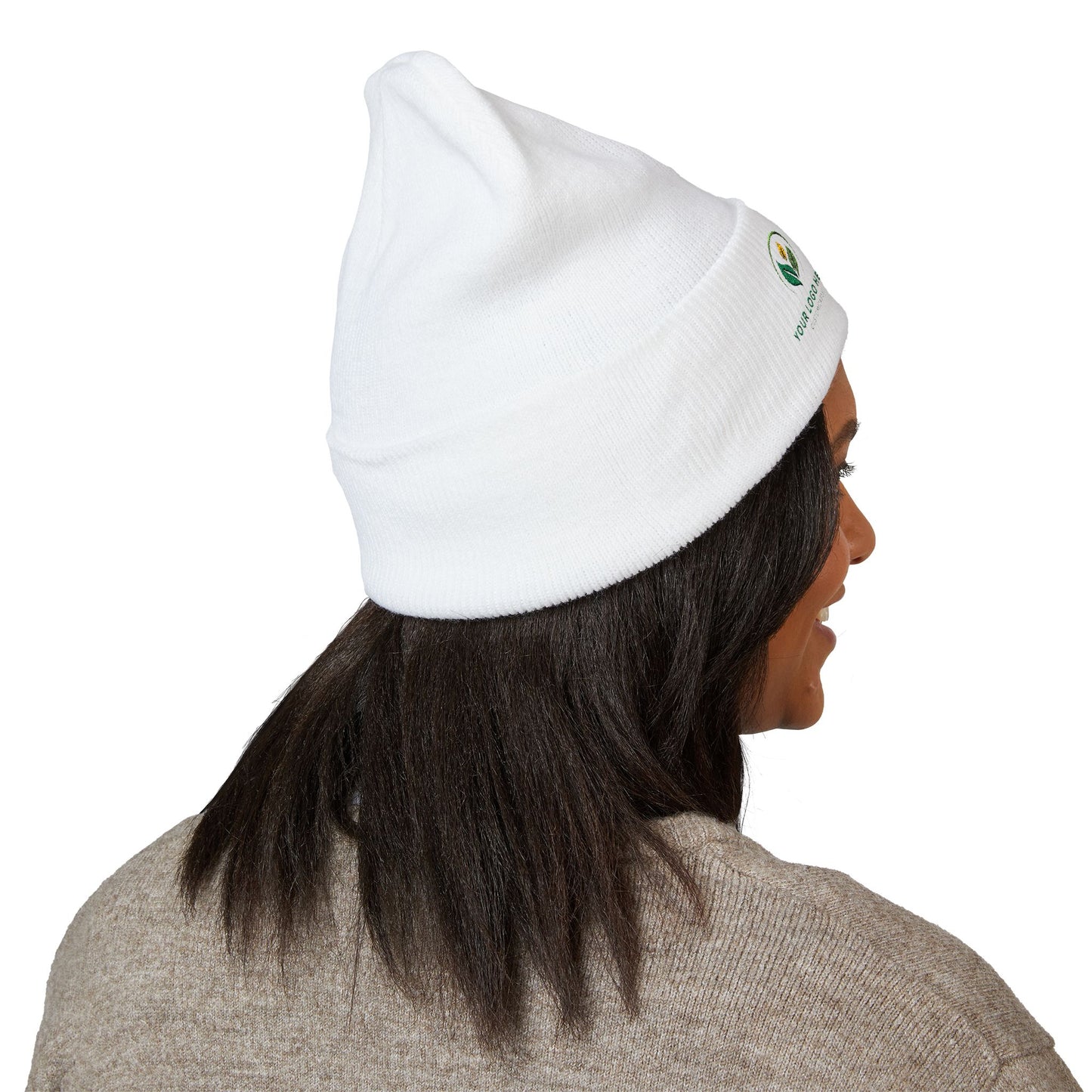 Person wearing a white beanie with a logo on a white background