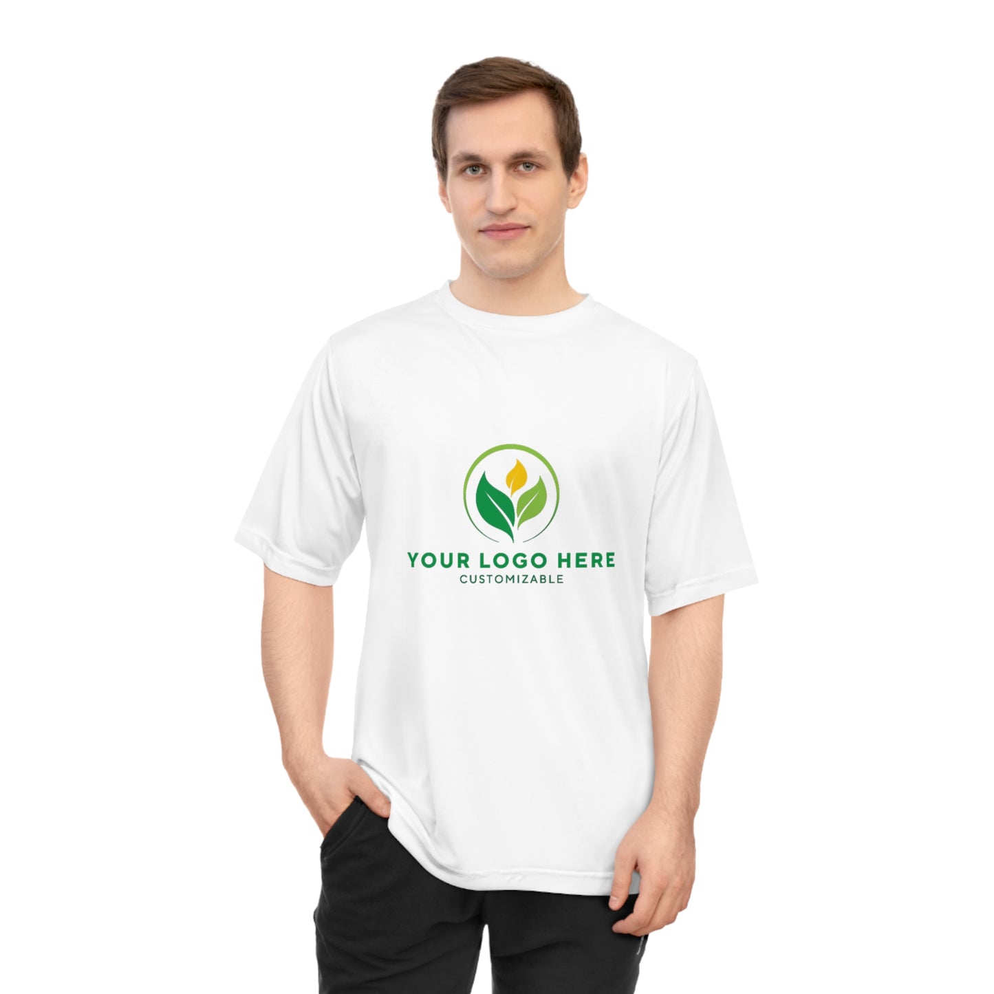 White t-shirt with customizable logo design on a white background