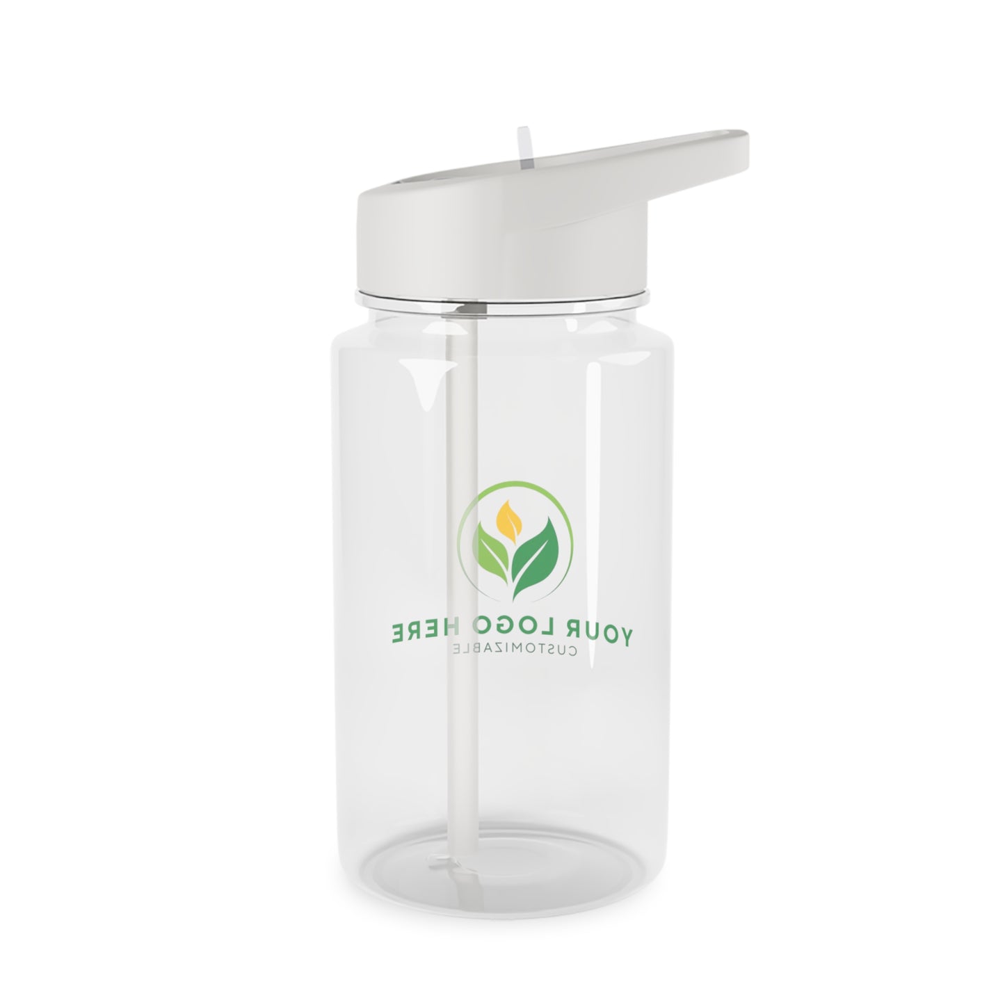 Clear soap dispenser with a white cap on a white background