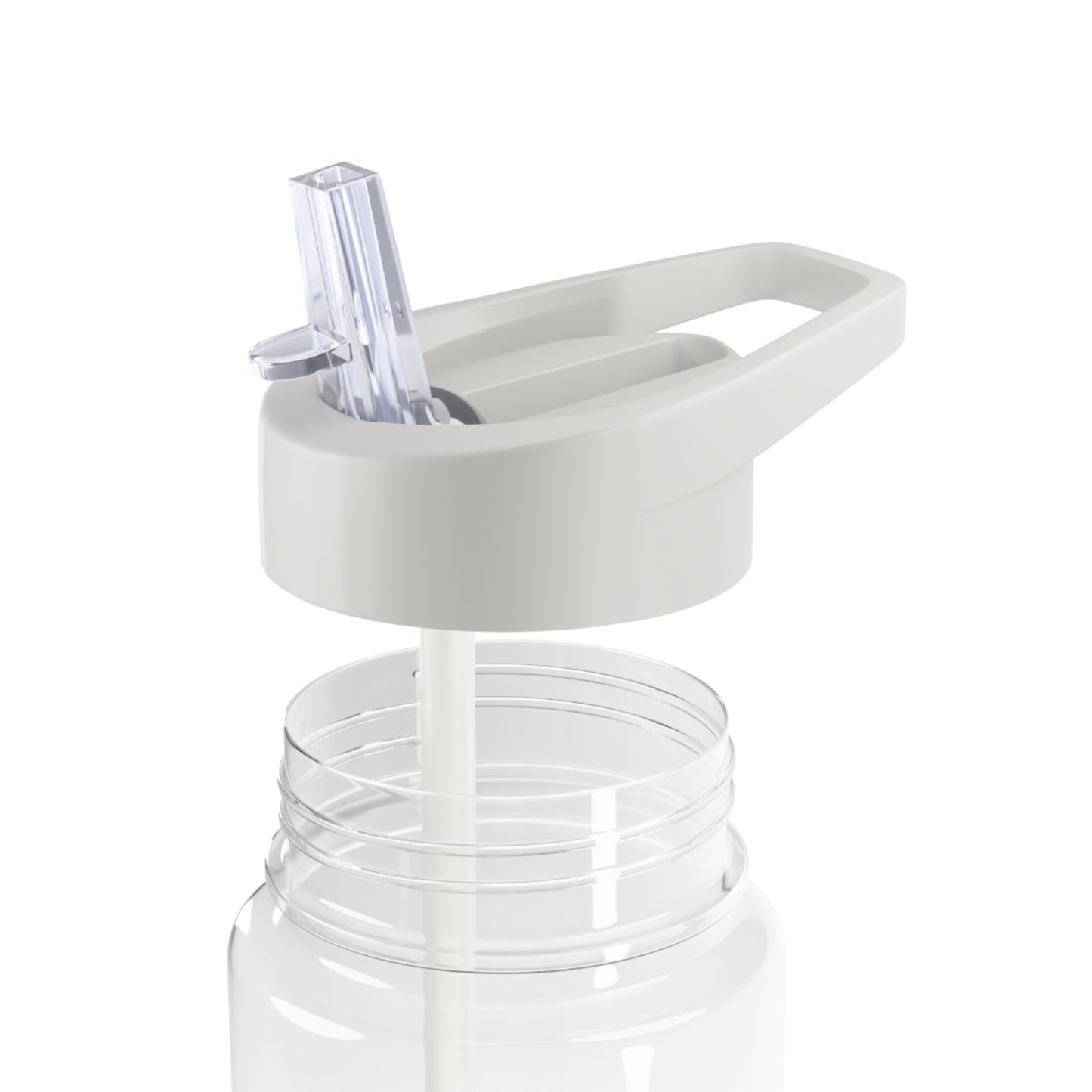 Clear water bottle with a gray cap and straw on a white background