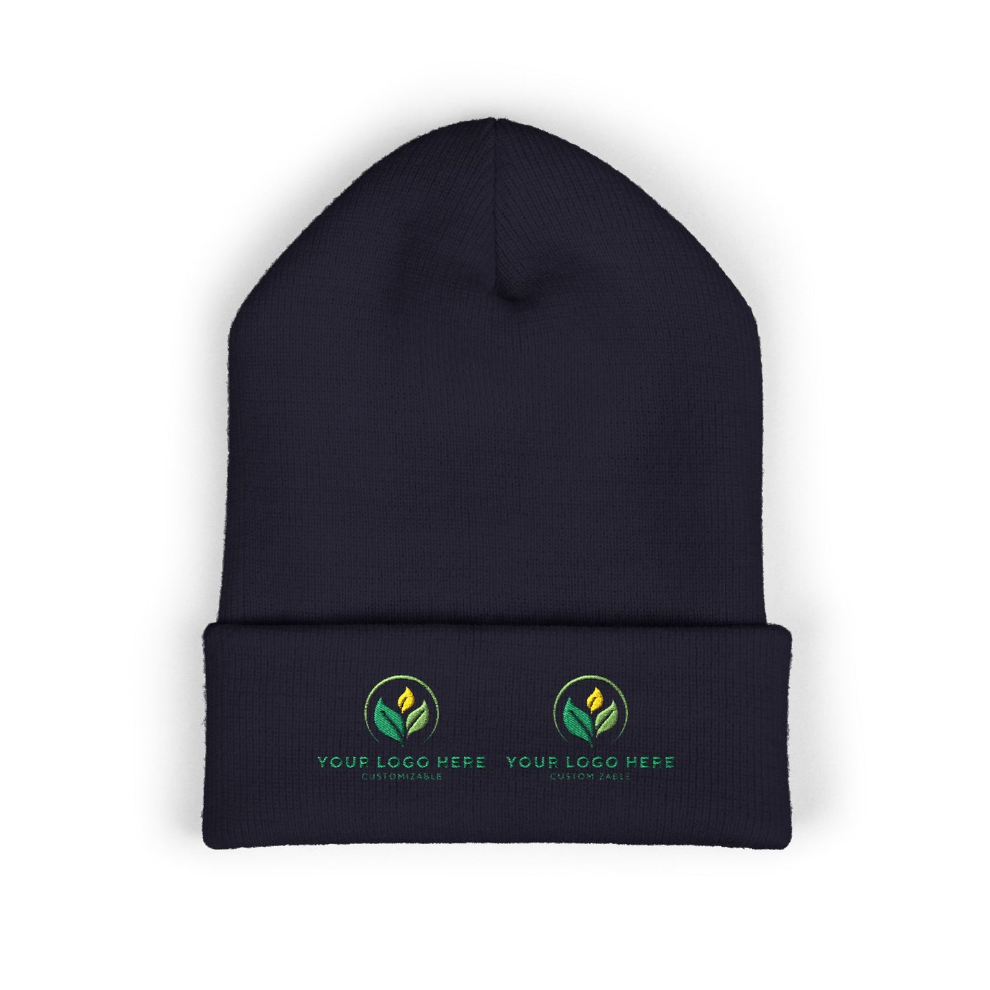 Black beanie with customizable logos on a white background