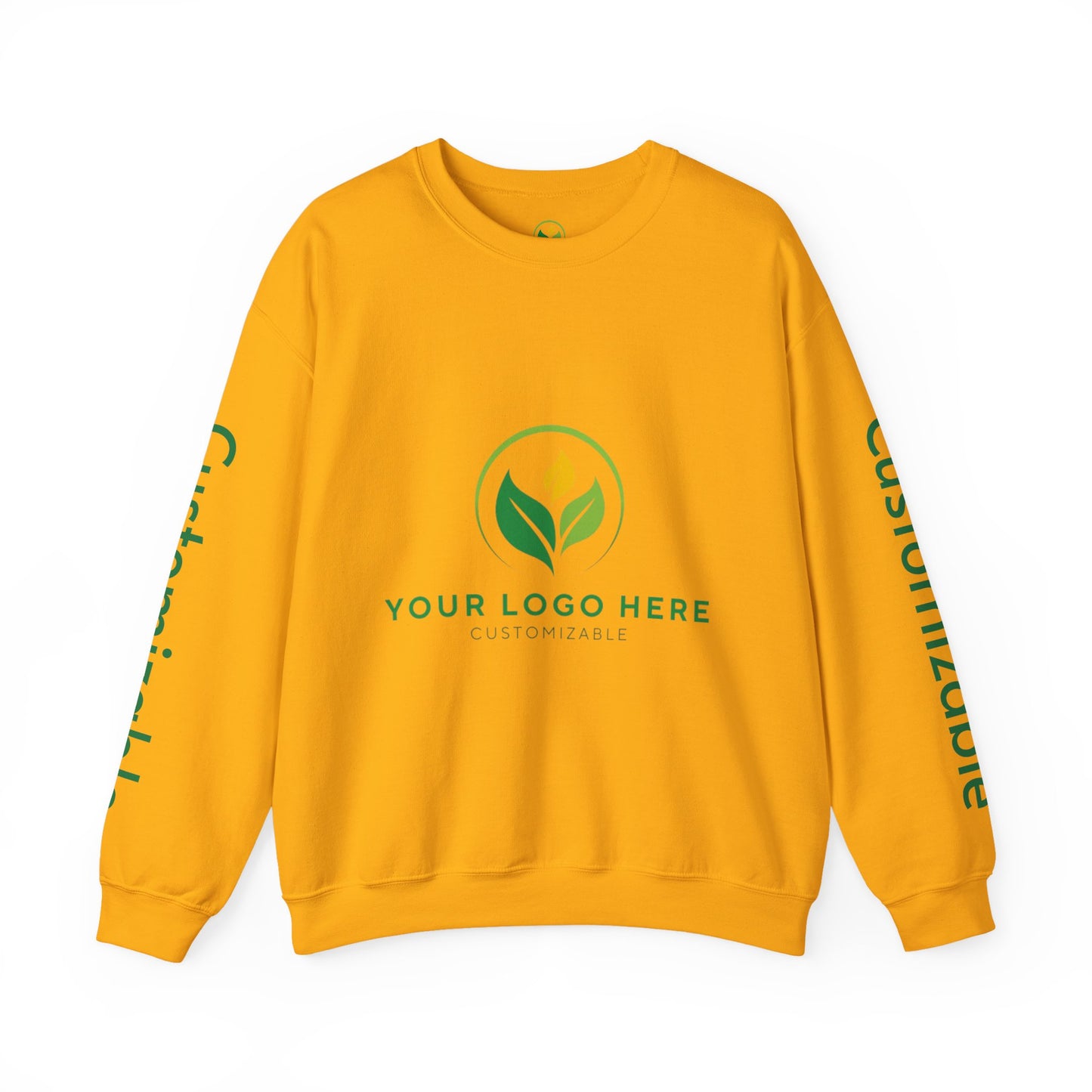 Yellow sweatshirt with customizable logo on a white background