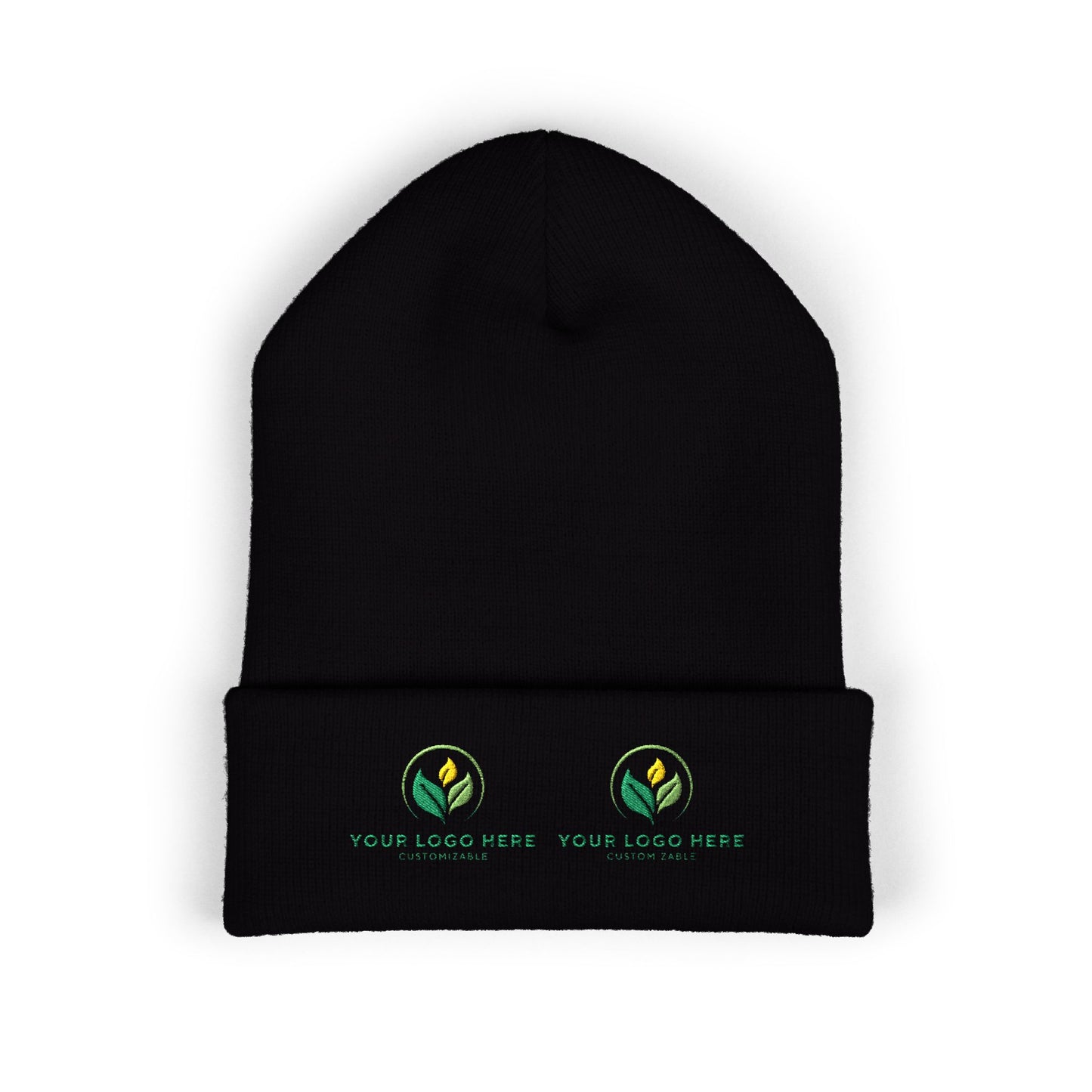 Black beanie with customizable logos on a white background