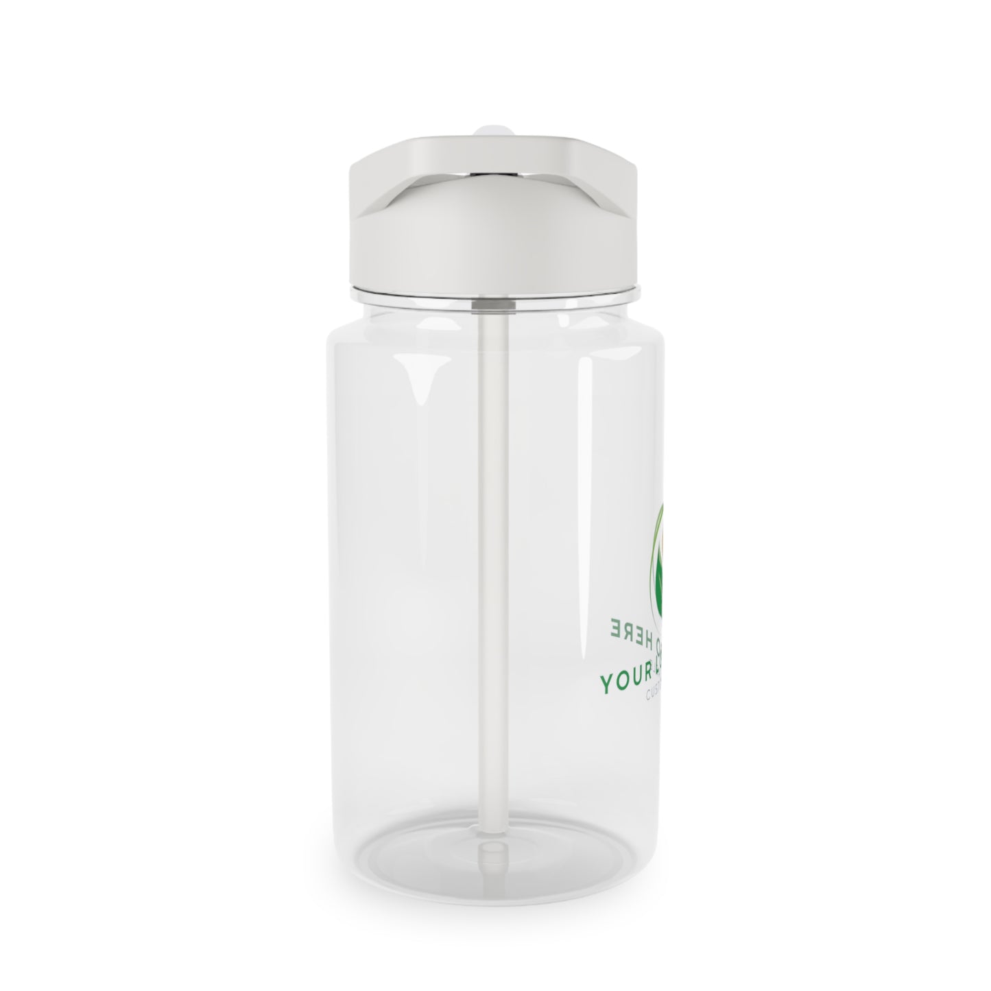 Clear water bottle with a silver cap on a white background