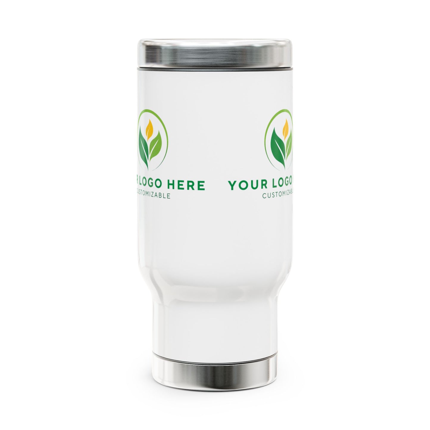 White tumbler with customizable logo options on a white background