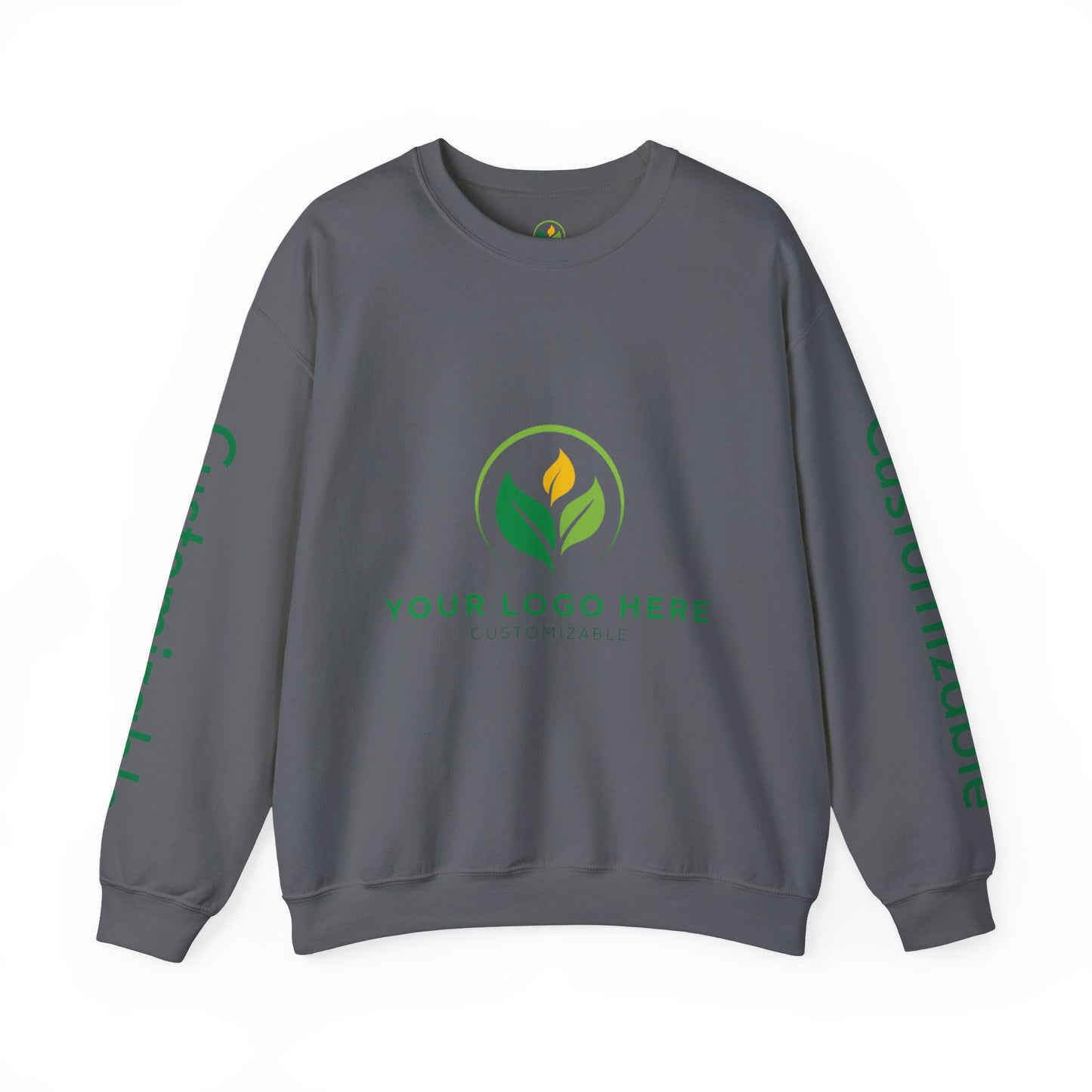 Gray sweatshirt with green leaf logo and text on a white background