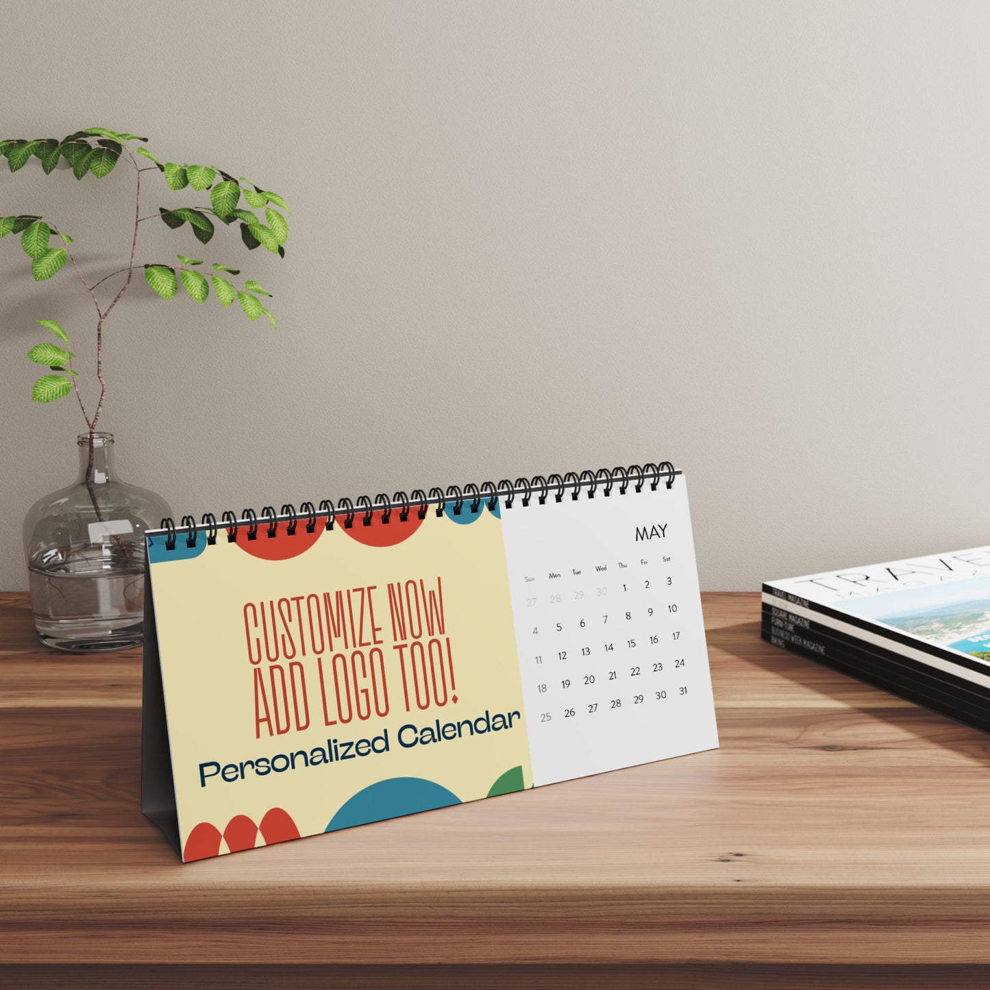 Personalized calendar on a wooden surface with decorative elements