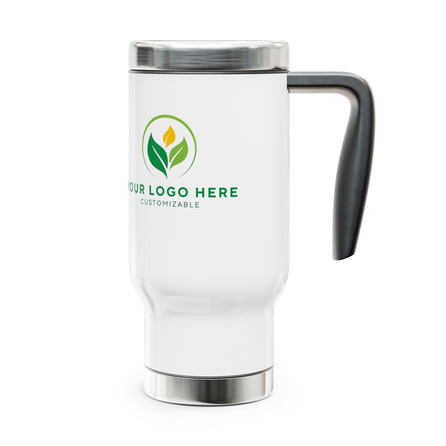 White travel mug with customizable logo on a white background