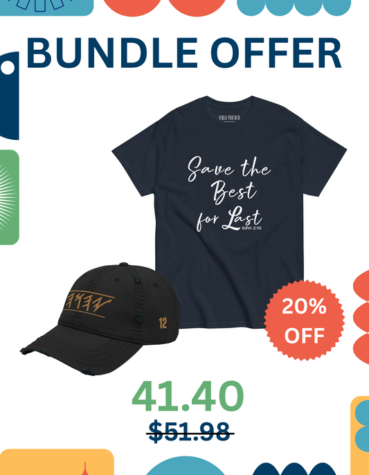 Black t-shirt with text and black cap with gold logo on colorful background, promotional bundle offer.