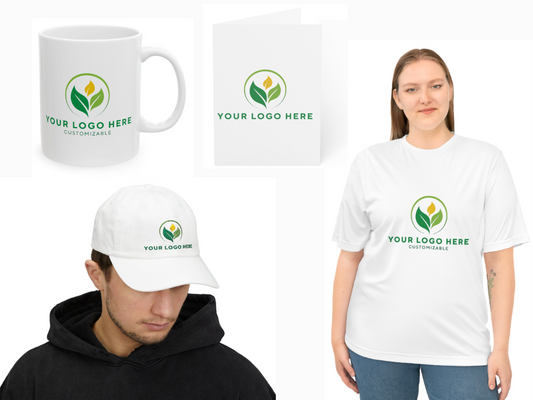 White mug, cap, and t-shirt with customizable logo on a white background